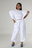 Women Ruffle Edge Sleeve Lace-Up Top and Elastic Pants Two-piece Set