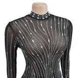 Fashion Women's Solid Color Beaded Mesh Long Dress