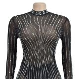 Fashion Women's Solid Color Beaded Mesh Long Dress