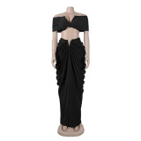 Women Sexy Sleeveless Strapless Crop Top and pleated Skirt two-piece set