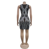 Women Solid mesh Beaded Mini Dress
