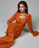 Women pleated printed chiffon dress