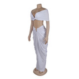 Women Sexy Sleeveless Strapless Crop Top and pleated Skirt two-piece set