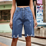 Fashionable Ripped Knee-Length Denim Shorts