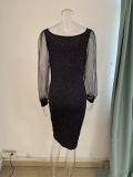 Chic Elegant Sexy V-Neck Mesh Sleeve Shiny Women's Evening Dress