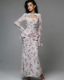 Women pleated printed chiffon dress