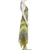 Women Summer Print Halter Neck Hollow Backless Dress