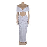 Women Sexy Sleeveless Strapless Crop Top and pleated Skirt two-piece set