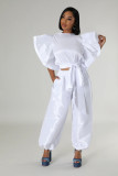 Women Ruffle Edge Sleeve Lace-Up Top and Elastic Pants Two-piece Set