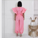 Women Ruffle Edge Sleeve Lace-Up Top and Elastic Pants Two-piece Set