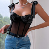 Women Summer Tie Strap Sequin Backless Wire Top