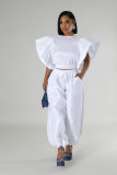 Women Ruffle Edge Sleeve Lace-Up Top and Elastic Pants Two-piece Set