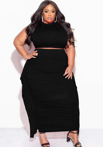 Plus Size Women Sexy Tassel Sleeveless Top And Skirt Two-piece Set