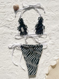 Women Sexy Bikini Color Block Backless Lace-Up Swimwear