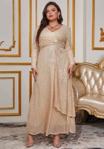 Fashion Chic Elegant Solid Color Sequined Long Sleeve V-Neck Slim Formal Party Women's Evening Dress