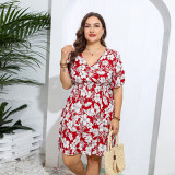 Plus Size Geometric Pattern Print Loose V-Neck Casual Dress