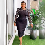 Women's Fashion Career Chic Africa Plus Size Organza Patchwork Bead Bodycon Dress