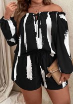 Summer Plus Size White Black Printed Printed Off Shoulder Long Sleeve Two Piece Shorts Set Summer Plus Size White Black Printed Printed Off Shoulder Long Sleeve Two Piece Shorts Set