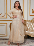 Fashion Chic Elegant Solid Color Sequined Long Sleeve V-Neck Slim Formal Party Women's Evening Dress
