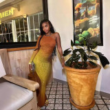 Summer Fashion Print Sexy Slash Shoulder Single Sleeve Gradient Color Bodycon Dress
