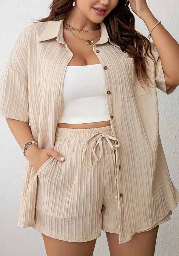 Summer Plus Size Solid Color Texture Short Sleeve Shirt Shorts Women's Two Piece Set