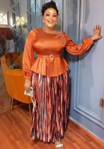 African Women's Plus Size Embroidered Beaded Chic Career Two Piece Pleated Skirt Set