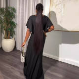 Sexy Solid Color Short Sleeves V-Neck Slit Two Piece Skirt Set