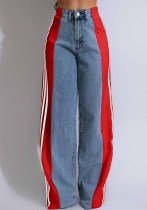 Summer Fashion Patchwork Three Stripes Wide Leg Denim Pants Women's Casual High Waist Stretch Straight Jeans