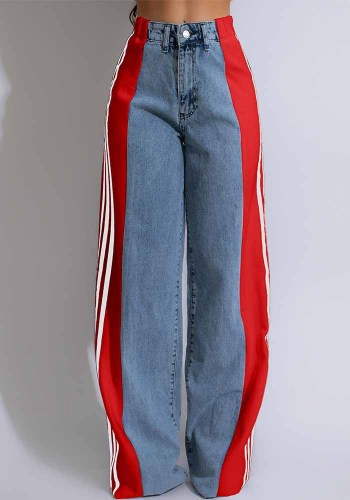 Summer Fashion Patchwork Three Stripes Wide Leg Denim Pants Women's Casual High Waist Stretch Straight Jeans