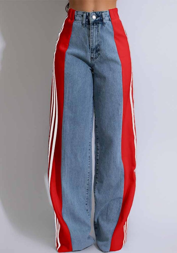 Summer Fashion Patchwork Three Stripes Wide Leg Denim Pants Women's Casual High Waist Stretch Straight Jeans