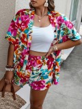 Summer Plus Size Printed Two Piece Women's Short Sleeve Shirt Shorts Set