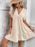 Women Solid V-neck Loose Pleated Dress