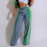 Summer Fashion Patchwork Three Stripes Wide Leg Denim Pants Women's Casual High Waist Stretch Straight Jeans