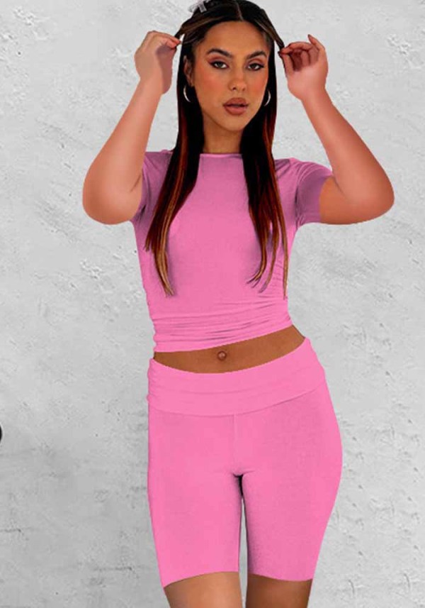 Women's Summer Short Sleeve Round Neck Casual Two-Piece Shorts Set