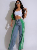 Summer Fashion Patchwork Three Stripes Wide Leg Denim Pants Women's Casual High Waist Stretch Straight Jeans