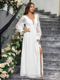 Spring Elegant V-Neck Low Back Long Sleeve Slit Women's Wedding Dress