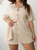 Summer Plus Size Solid Color Texture Short Sleeve Shirt Shorts Women's Two Piece Set