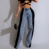 Summer Fashion Patchwork Three Stripes Wide Leg Denim Pants Women's Casual High Waist Stretch Straight Jeans