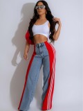 Summer Fashion Patchwork Three Stripes Wide Leg Denim Pants Women's Casual High Waist Stretch Straight Jeans