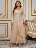 Fashion Chic Elegant Solid Color Sequined Long Sleeve V-Neck Slim Formal Party Women's Evening Dress