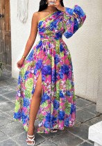 Fashionable Slash-Shoulder Long Lantern Sleeve Printed Dress Fashionable Slash-Shoulder Long Lantern Sleeve Printed Dress