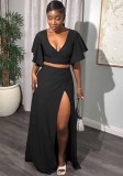 Sexy Solid Color Short Sleeves V-Neck Slit Two Piece Skirt Set