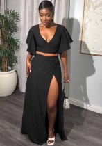 Sexy Solid Color Short Sleeves V-Neck Slit Two Piece Skirt Set