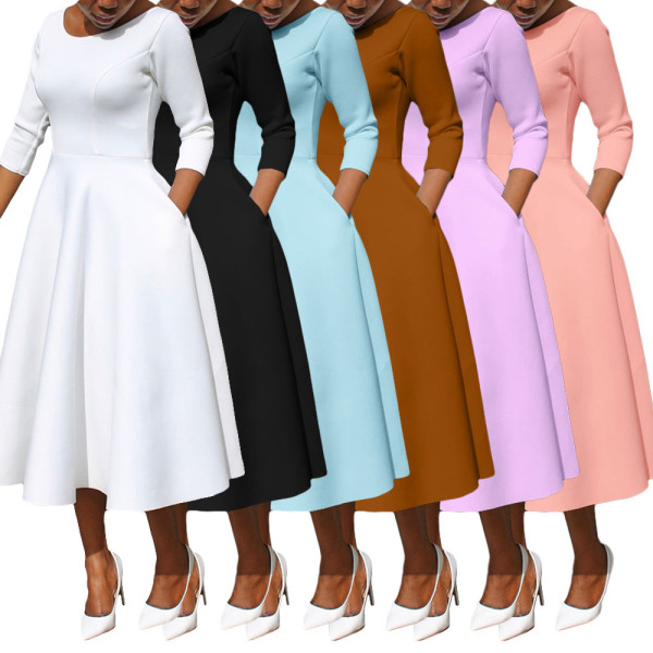 Ladies Spring Solid Color U-Neck Pocket Swing Dress