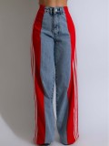 Summer Fashion Patchwork Three Stripes Wide Leg Denim Pants Women's Casual High Waist Stretch Straight Jeans
