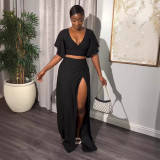 Sexy Solid Color Short Sleeves V-Neck Slit Two Piece Skirt Set