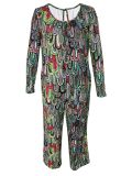 Women Print Casual Round Neck Loose Long Sleeve Jumpsuit