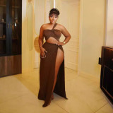 Women Solid Slash Shoulder Crop Top and Slit Skirt two-piece set