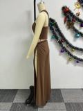 Women Solid Slash Shoulder Crop Top and Slit Skirt two-piece set