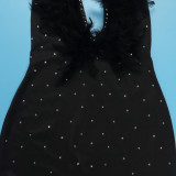 Women Sexy Beaded Feather V-Neck Backless Bodycon Dress